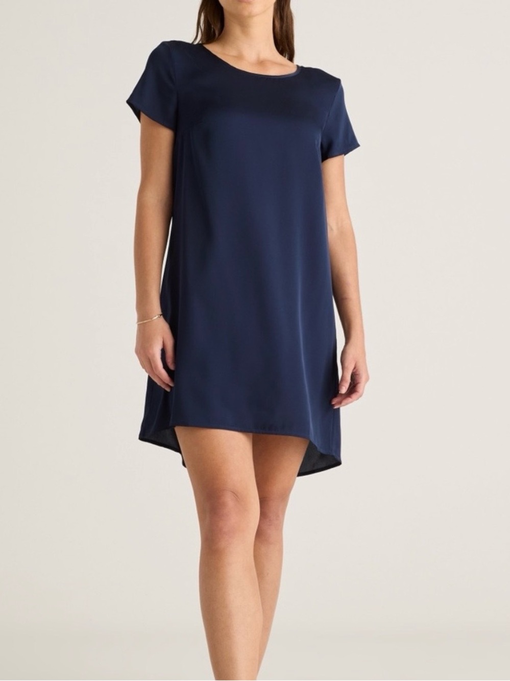 Quince 100% Silk Shift Dress S Navy Short Sleeve High Low Hem NWT Washable